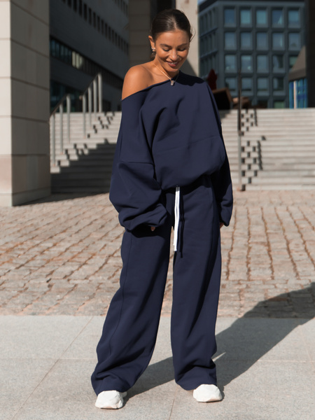 Dresowa bawełniana BLUZA opuszczana na ramiona oversize szeroka navy blue X400