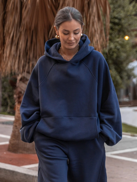 Dresowa bawełniana BLUZA z kapturem oversize z raglanowymi rękawami navy blue X509