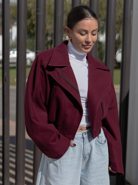 Oversizowa krótka KURTKA o szerokim kroju ramoneska bordowa X468