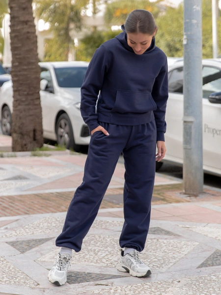 Dresowy bawełniany KOMPLET bluza z kapturem kangurka i spodnie navy blue X550