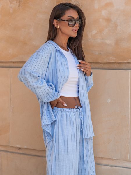 Lniana oversizowa dłuższa KOSZULA kolor jeansowy w tenisowy prążek X250 k01