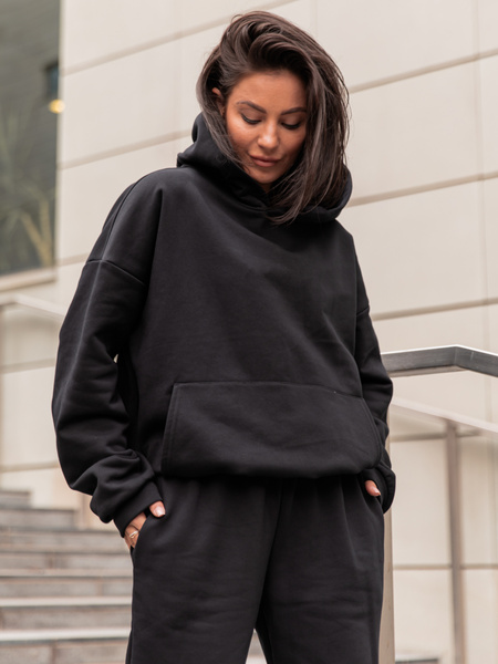 Dresowa bawełniana BLUZA z kapturem kangurka o klasycznym kroju czarna X350
