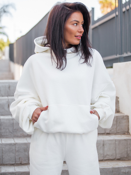 Bawełniana BLUZA z drapanego dresu z kapturem na stójce z kieszeniami kangurka ecru E1