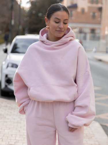 Viralowa Bawełniana BLUZA z drapanego dresu z kapturem na stójce z kieszeniami kangurka baby pink E1