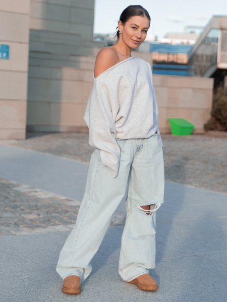 Dresowa bawełniana BLUZA opuszczana na ramiona oversize szeroka szary melanż X413