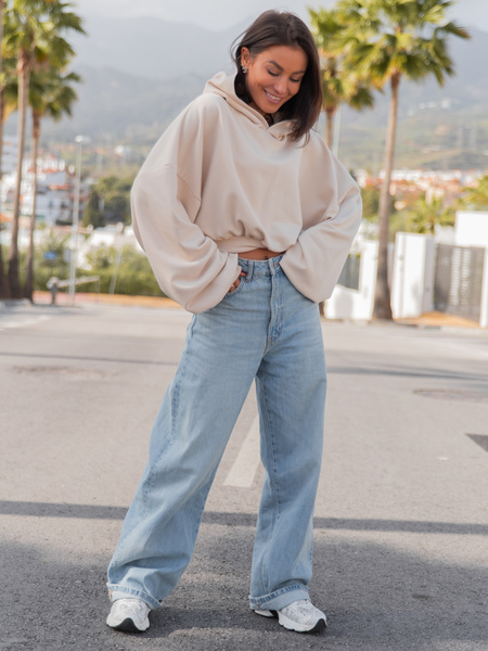 Bawełniana krótka oversizowa BLUZA dresowa z kapturem kangurka waniliowa X51 k01