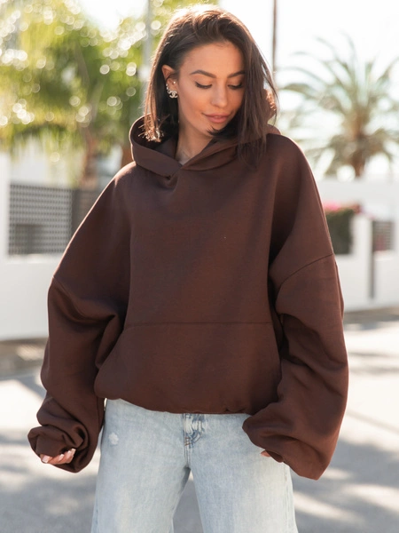 Viralowa Dresowa bawełniana BLUZA z kapturem oversize szeroka brązowa E644