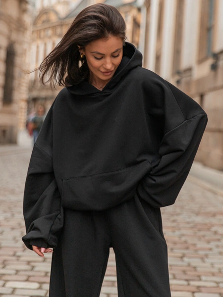 Luźna BLUZA z kapturem oversize szeroka z bawełnianej dresówki niedrapanej od wewnątrz czarna X150