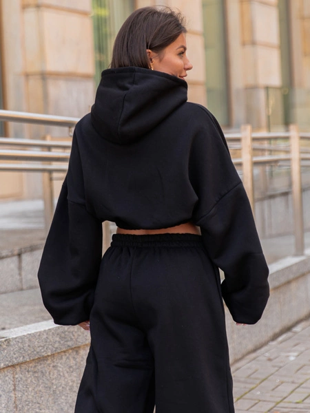 Dresowa bawełniana BLUZA kangurka z kapturem o krótszym kroju bluzowana czarna X304