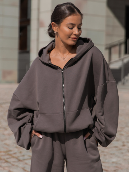 Oversizowa BLUZA z kapturem zapinana na zamek bluzowana kangurka z bawełnianej dresówki dark mokka X1