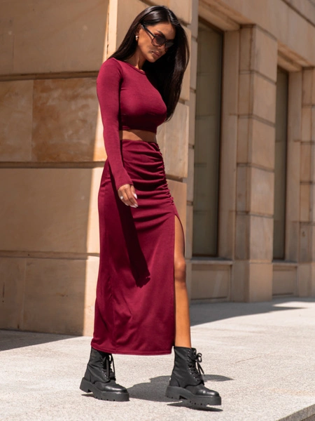 Elegancki KOMPLET bluzka z długim rękawem i spódnica maxi drapowana bordowy X317