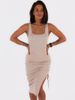 Bawełniana asymetryczna midi sukienka na ramkach beżowa c177 k01