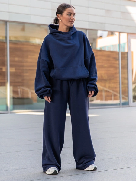 Dresowe bawełniane SPODNIE  z szerokimi nogawkami navy blue X31