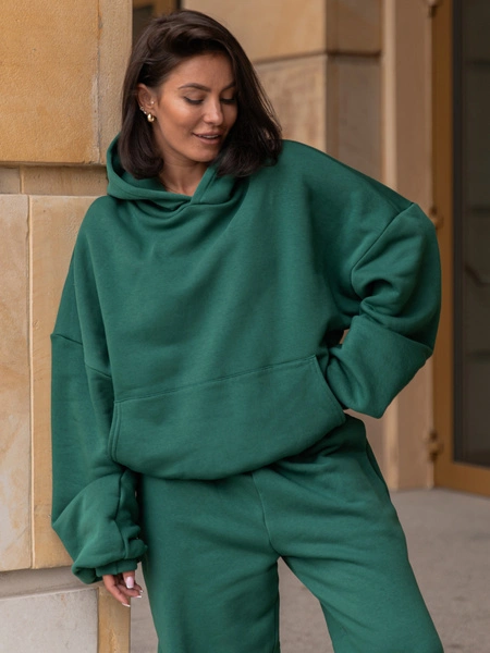 Viralowa Dresowa bawełniana BLUZA z kapturem oversize szeroka butelkowa zieleń E644 k01