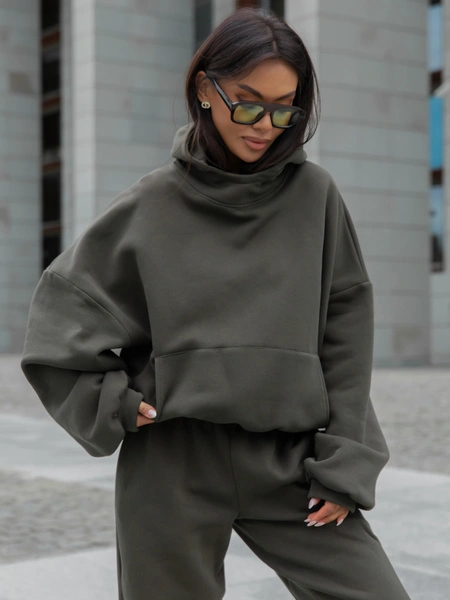 Viralowa Bawełniana BLUZA z drapanego dresu z kapturem na stójce z kieszeniami kangurka dark khaki E1