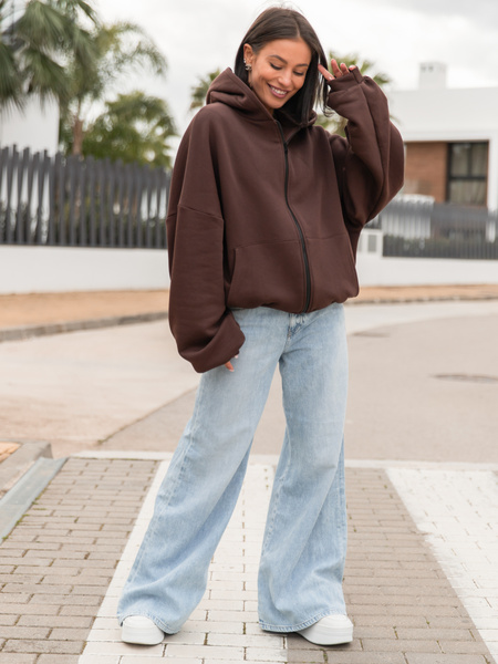 Oversizowa BLUZA z kapturem zapinana na zamek bluzowana kangurka z bawełnianej dresówki brązowa X1