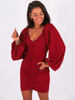 Sukienka marszczona bufiaste rękawy bordowa B269 k01