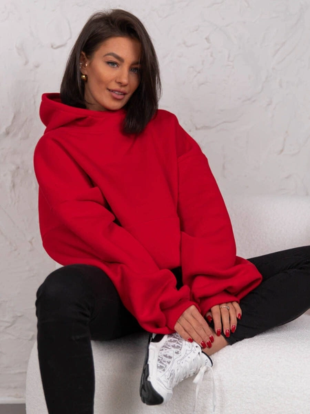 Bawełniana BLUZA z drapanego dresu z kapturem na stójce z kieszeniami kangurka czerwona E1