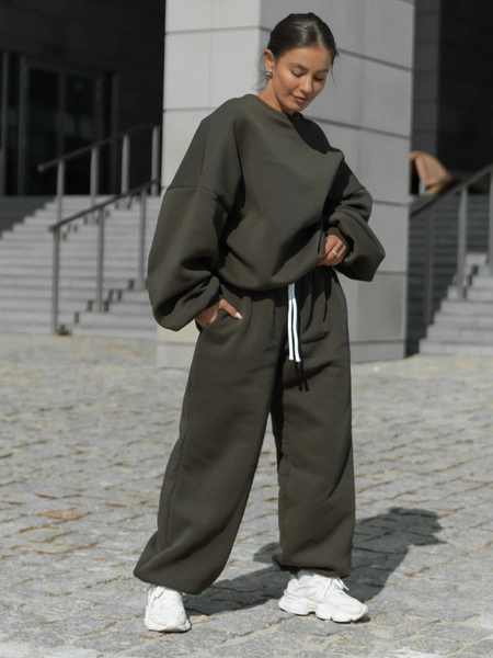 Dresowe bawełniane SPODNIE baggy niski stan dark khaki X403 k01