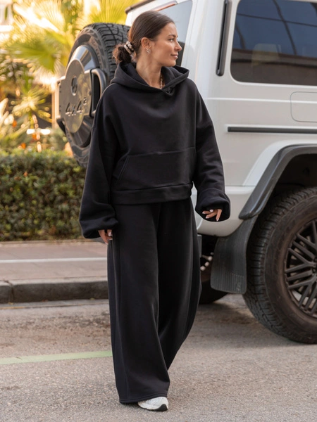 Bawełniane dresowe SPODNIE szeroki krój bez ściągaczy z dresu drapanego czarne X512