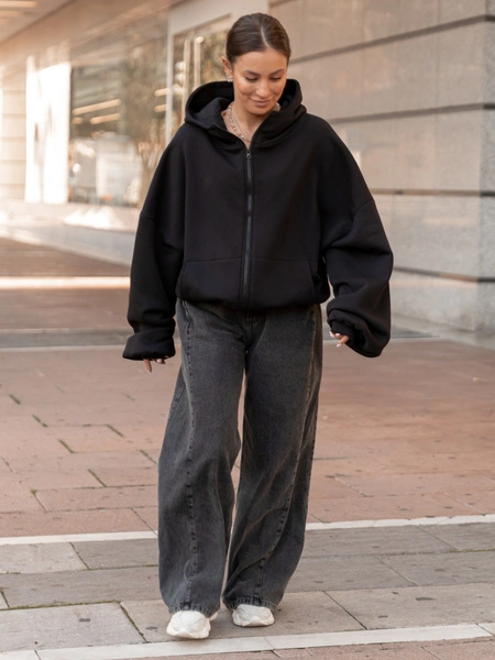 Bawełniana oversizowa BLUZA z kapturem zapinana na zamek z dresu drapanego czarna X508