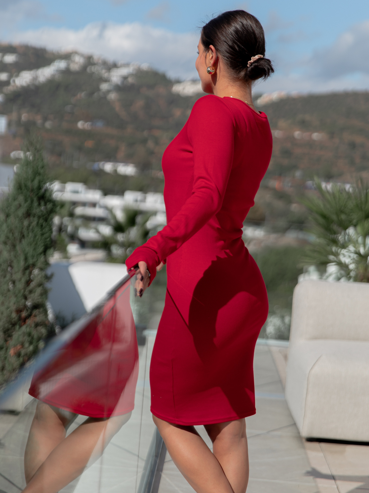 Bawełniana obcisła SUKIENKA midi z prążka basic czerwona X459