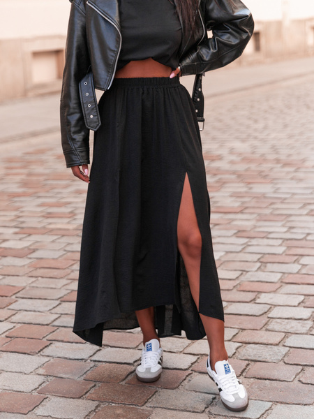 Zwiewna długa SPÓDNICA maxi z rozporkami czarna E414