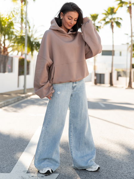 Viralowa Dresowa bawełniana BLUZA z kapturem oversize szeroka mokka E644