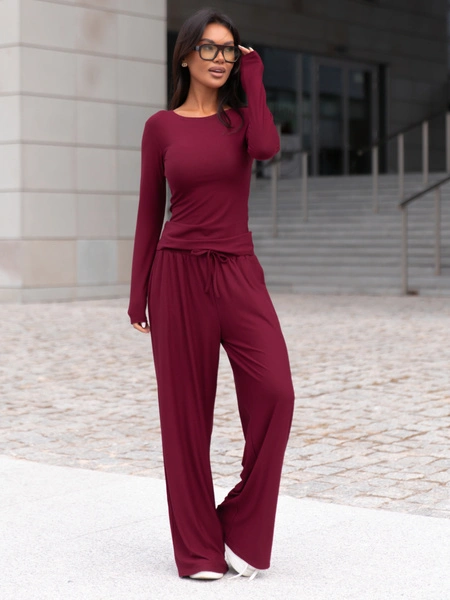 Wiscozowa dopasowana BLUZKA z długim rękawem bordowa X417