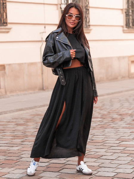 Zwiewna długa SPÓDNICA maxi z rozporkami czarna E414