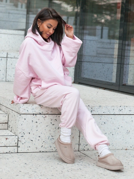 Dresowe bawełniane SPODNIE z wysokim stanem luźny krój ze ściągaczami baby pink E341