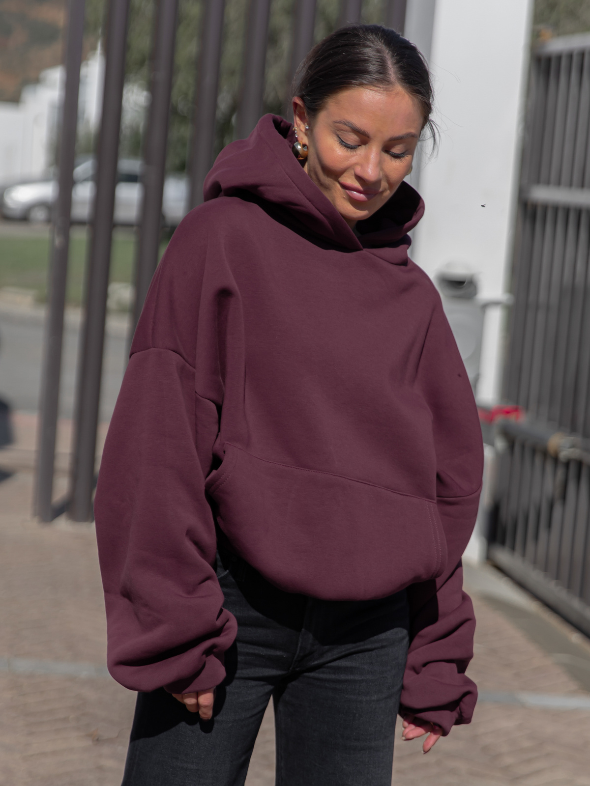 Viralowa Dresowa bawełniana BLUZA z kapturem oversize szeroka dark chocolate E644