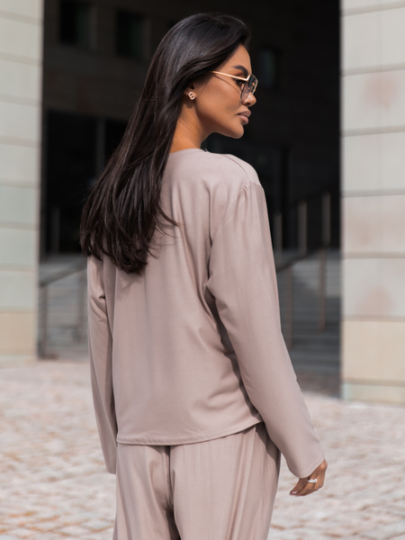 Wiscozowy luźny szeroki T-SHIRT z długim rękawem mokka X415