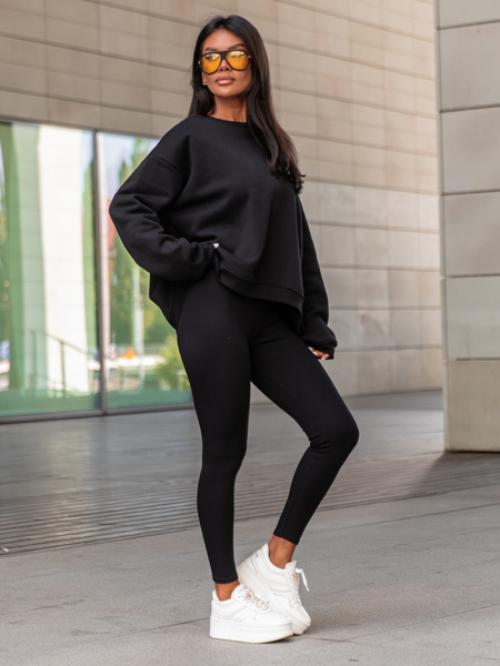 Bawełniany KOMPLET asymetryczna dresowa oversizowa bluza bez kaptura i spodnie legginsy z prążkowanej dzianiny czarny X351 k01