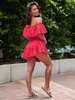 KOMPLET bluzka hiszpanka z odkrytymi ramiona i asymetryczne spódnico spodenki ze zwiewnej tkaniny koralowy E286 k01