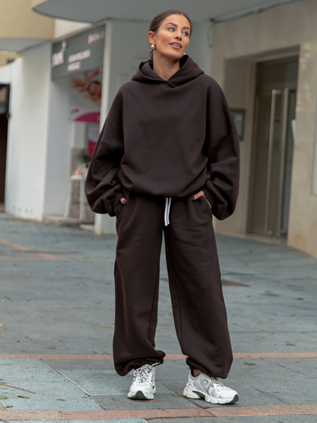 Dresowe bawełniane SPODNIE baggy niski stan dark chocolate X403