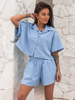 KOMPLET krótka koszula z krótkim rękawem i spodenki z tkaniny ala len jasny jeansowy X162 k01