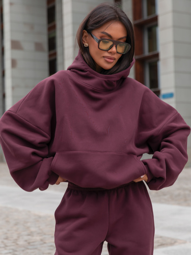 Viralowa Bawełniana BLUZA z drapanego dresu z kapturem na stójce z kieszeniami kangurka deep plum / śliwkowa  E1