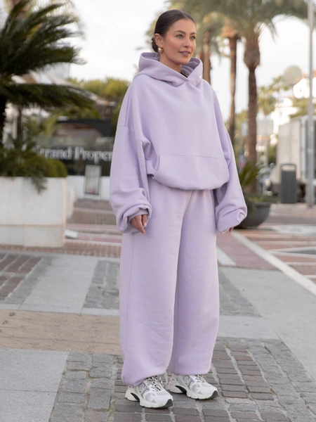 Viralowa Dresowa bawełniana BLUZA z kapturem oversize szeroka lawendowa E644