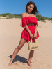 KOMPLET bluzka hiszpanka z odkrytymi ramionami i asymetryczne spódnico spodenki ze zwiewnej tkaniny czerwony X123 k01