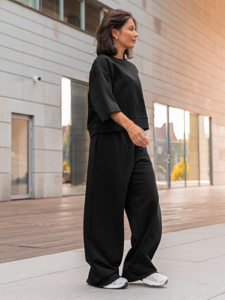 Dresowy bawełniany KOMPLET oversizowa bluzka i luźne spodnie z szerokimi nogawkami czarny X353