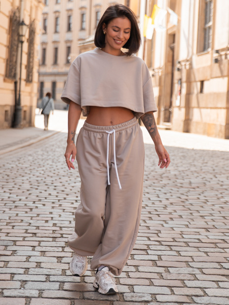 Bawełniany dresowy luźny szeroki T-SHIRT z krótkim rękawem stone X216 k01