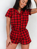 PIŻAMA komplet do spania luźna koszulka na guziki i spodenki czerwona w kratę P32 k01
