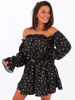 Zwiewna sukienka opuszczana na ramiona czarna w grochy b38 kk01