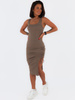 Bawełniana asymetryczna midi sukienka na ramkach cappuccino c177 k01