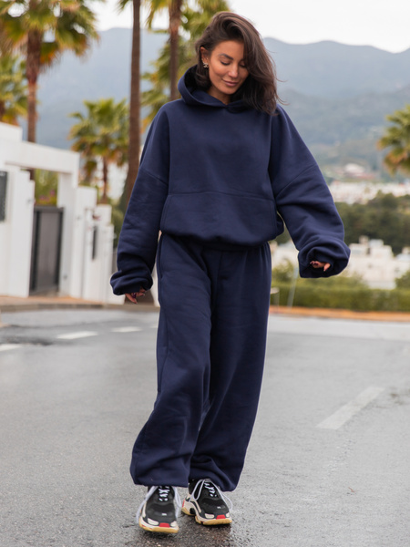 Viralowa Dresowa bawełniana BLUZA z kapturem oversize szeroka navy blue E644