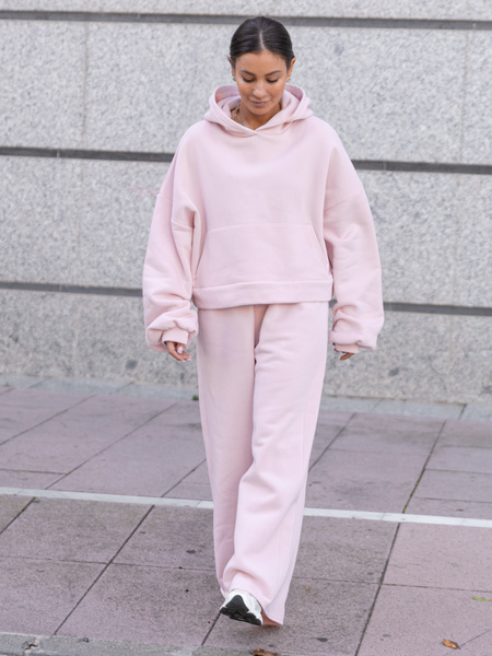 Bawełniane dresowe SPODNIE szeroki krój bez ściągaczy z dresu drapanego baby pink X512