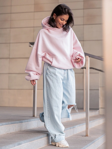 Viralowa Bawełniana BLUZA z drapanego dresu z kapturem na stójce z kieszeniami kangurka baby pink E1