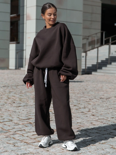 Dresowe bawełniane SPODNIE baggy niski stan dark chocolate X403