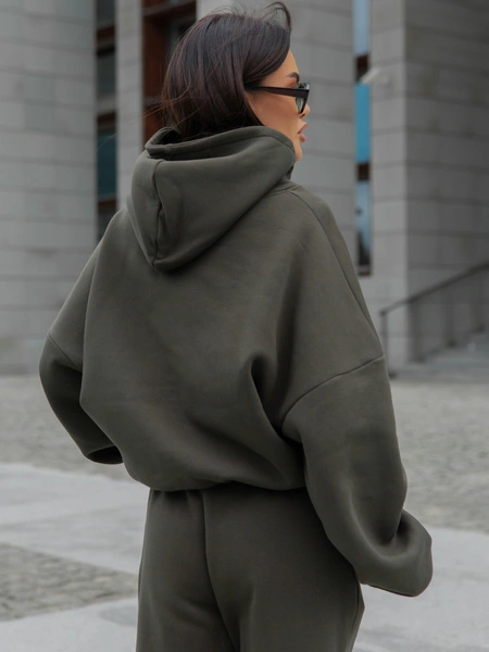 Viralowa Bawełniana BLUZA z drapanego dresu z kapturem na stójce z kieszeniami kangurka dark khaki E1